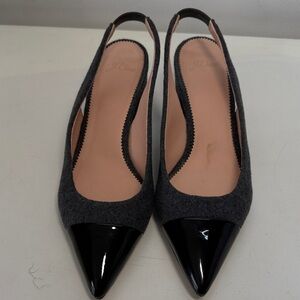 J. Crew Gray Wool Slingback Flats with Black Patent Cap Toe